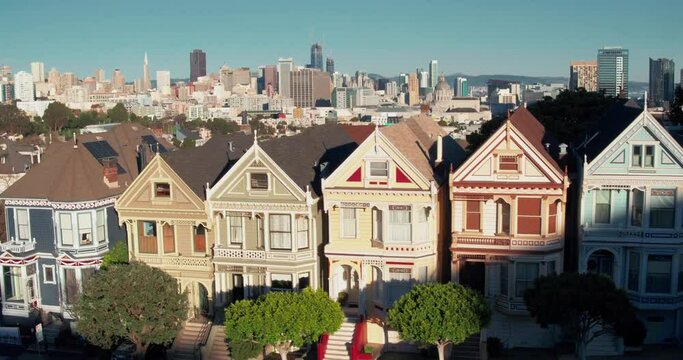 Aerial shot of the Painted Ladies in San Francisco at sunset