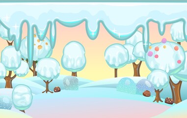 Landscape with ice cream on chocolate sticks. Childrens picture background. Cartoon style. Snow drifts. Cold winter dream land. Refreshing sweets and drips. Vector