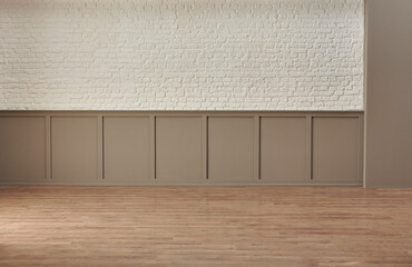 White brick wall and brown classic background, lamp light, empty room concept.