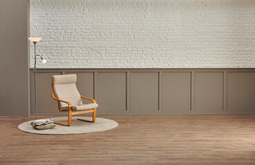 Decorative chair is in front of the white brick and under classic brown wall background, parquet floor, lamp style.