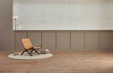 Decorative chair is in front of the white brick and under classic brown wall background, parquet...