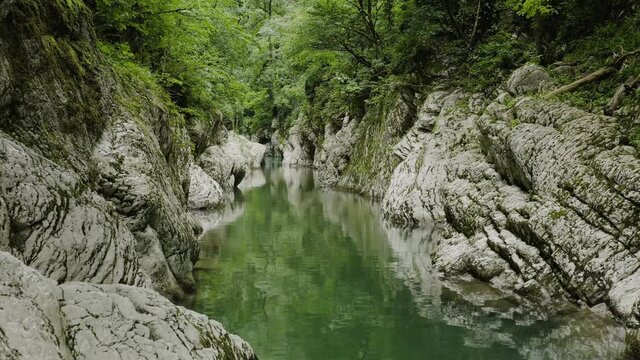 Caucasus. Khosta river. Flight through the Devil's gate canyon. The area of yew-boxwood grove.