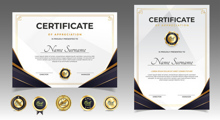 Black and gold certificate of appreciation border template with luxury badge and modern line and shapes. For award, business, and education needs. Diploma vector template
