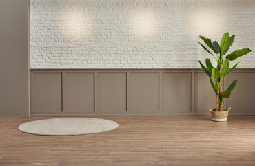 Decorative chair is in front of the white brick and under classic brown wall background, parquet floor, lamp style.