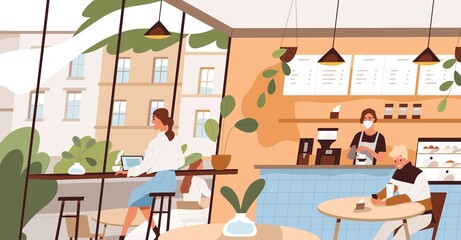 People at coffee shop. Barista at counter and happy visitors at tables in cafe. Inside modern coffeehouse. City cafeteria. Colored flat vector illustration of cozy coffeeshop with window and plants