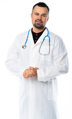 portrait of a male doctor in a white coat. isolated white background