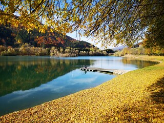 Alpensee in Österreich im Herbst mit wunderschöner Spiegelung