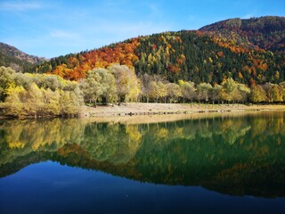 Alpensee in Österreich im Herbst mit wunderschöner Spiegelung