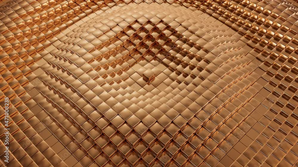 Wall mural abstract wave pattern animation in a circle motion from golden cubes. 3d render. gold material backg