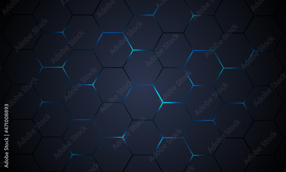 Poster Dark gray hexagonal technology vector abstract background. Blue bright energy flashes under hexagon in modern technology futuristic background vector illustration. Dark gray honeycomb texture grid.