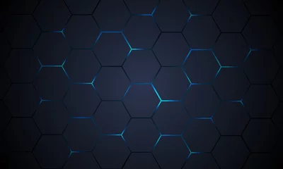 Fotobehang Dark gray hexagonal technology vector abstract background. Blue bright energy flashes under hexagon in modern technology futuristic background vector illustration. Dark gray honeycomb texture grid. © Biod