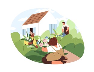 Family work in garden, home backyard. People gardeners growing, caring and watering flowers and green plants outdoors on summer holidays. Village lifestyle. Flat vector illustration isolated on white