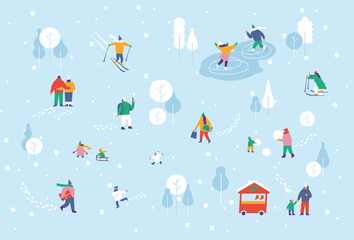 Crowd of happy people in warm clothes in winter park. Winter outdoor activities background - skating, skiing, throwing snowballs, building snowman. Flat Vector design, fully editable. 