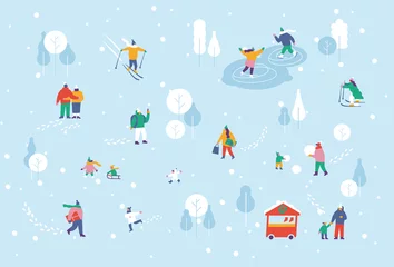 Foto op Plexiglas Crowd of happy people in warm clothes in winter park. Winter outdoor activities background - skating, skiing, throwing snowballs, building snowman. Flat Vector design, fully editable.  © Oksana