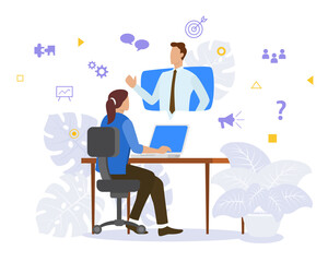 telecommuting concept woman sit on desk virtual meeting with partner with modern flat style