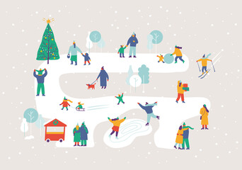 Happy people in warm clothes in snowy winter park. Background people. Winter outdoor activities - skating, skiing, throwing snowballs, building snowman. Flat  Vector people set. Files fully editable. 