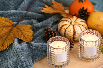 Obraz na płótnie Canvas Burning candles in holders and autumn decor on sofa