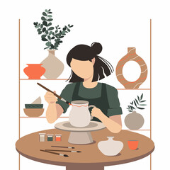 Woman decorating pot working at ceramic studio. She  creative hobby at pottery workshop. Ceramist person painting handmade crockery use brush. Vector  illustration. - obrazy, fototapety, plakaty