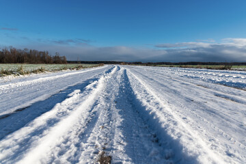 Fototapeta na wymiar Snowy country road in sunny day.