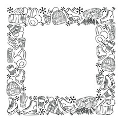 square frame of attributes for winter entertainment, skating rink items, frame for the design of New Year's printed materials