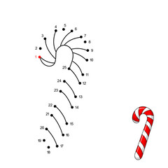 Christmas candy cane. Dot to dot Game. Connect the dots by numbers to draw Christmas lollypop. Logic game and Coloring Page with cartoon Sweet. Education card for kids learning counting number to 25.
