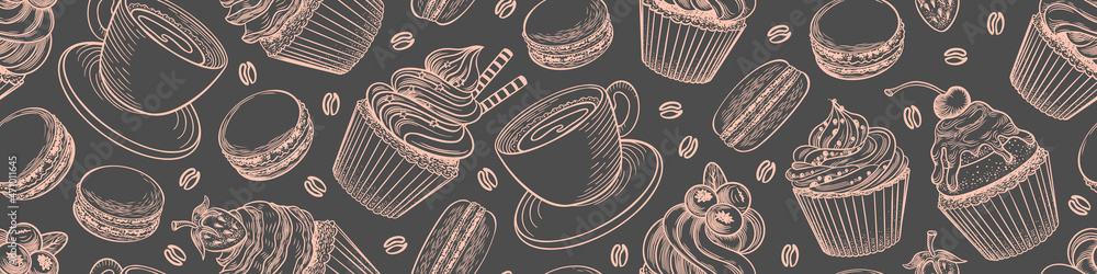 Wall mural Seamless horizontal border with desserts and coffee. Confectionery background. Vector illustration.