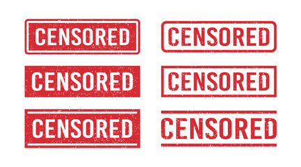 Grunge red censored word rubber stamp. Censor control security sign sticker set. Grunge vintage square label. Vector illustration on white background.