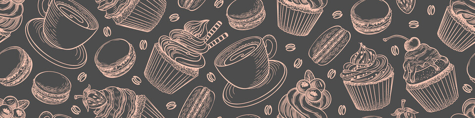 Seamless horizontal border with desserts and coffee. Confectionery background. Vector illustration.