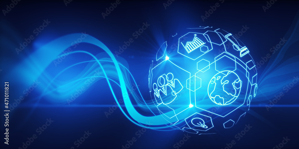 Aufkleber Abstract spherical business interface on blue background. Technology, finance and innovation. 3D Rendering.