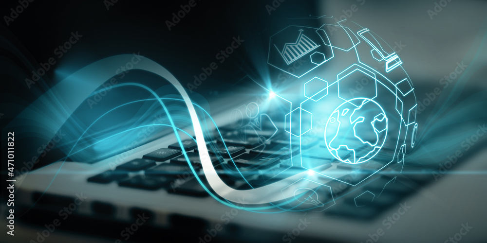 Aufkleber close up of workplace with notebook and creative blue spherical business interface on blurry backgro