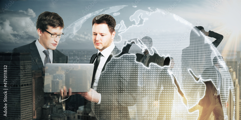 Aufkleber handsome european businesspeople working together on abstract city background with digital globe. te