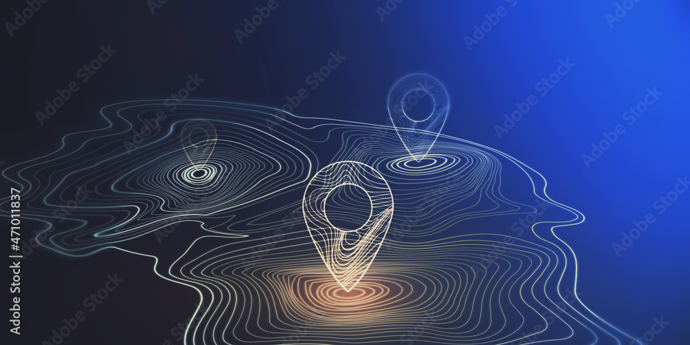 Poster Abstract glowing map geoposition with marker on dark blue backdrop. Travel and direction concept. 3D Rendering.