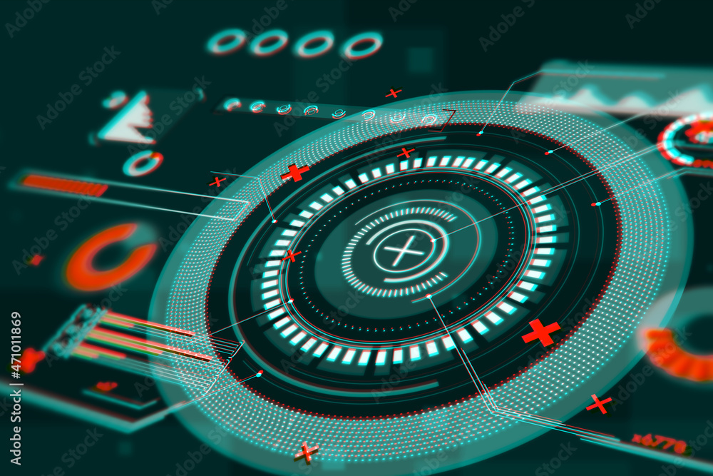 Poster Abstract round interface with red cross on dark background. Hud, future, safety and cyber attack concept. 3D Rendering.