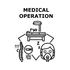 Medical Operation Treat Vector Icon Concept. Patient With Anesthesia On Medical Operation Treat In Hospital Surgical Room For Remove Herniated Disc. Surgery Care Black Illustration