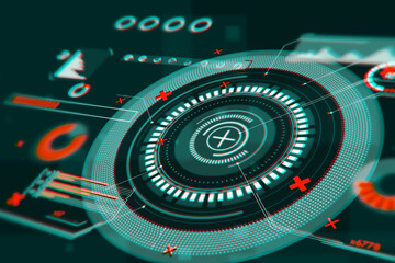 Abstract round interface with red cross on dark background. Hud, future, safety and cyber attack concept. 3D Rendering.