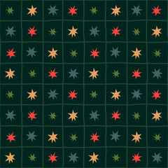 Vector seamless pattern with bright stars on checked background. Holiday repeating pattern with dark green, red, yellow colors. 