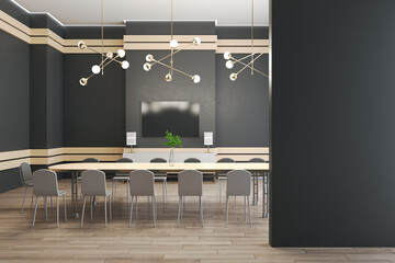 Modern dark office interior with empty mock up place on wall, furniture and decoratrive items. Workplace and communication concept. 3D Rendering.