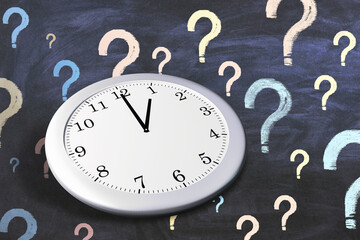 Abstract clock with question marks on chalkboard wall background. Time management concept. 3D...