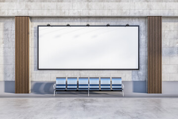 Empty white billboard banner on building exterior with seats and daylight. Commercial concept. Mock up, 3D Rendering.
