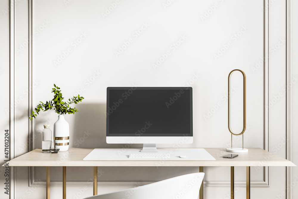 Poster close up of creative designer desktop with empty black computer screen, keyboard, decorative plant a