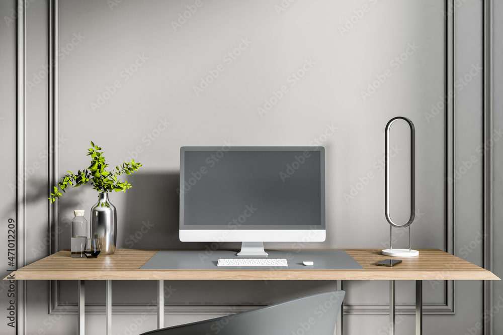 Poster close up of luxury designer desktop with empty black computer screen, keyboard, decorative plant and