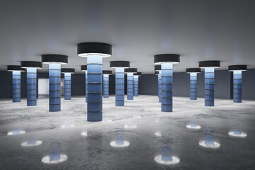 Clean concrete underground interior with columns. Design and subway concept. 3D Rendering.