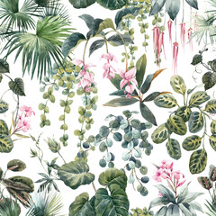 Beautiful seamless tropical floral pattern with hand drawn watercolor exotic jungle flowers. Stock illustration.