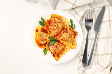 Delicious food concept with ravioli on white background