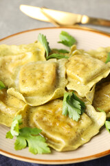 Delicious food concept with ravioli on gray background