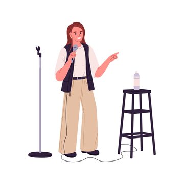 Woman Comedian Performing Standup Comedy, Standing With Microphone. Female Comic With Mike Telling Jokes And Fun Stories. Open Mic Performer. Flat Vector Illustration Isolated On White Background