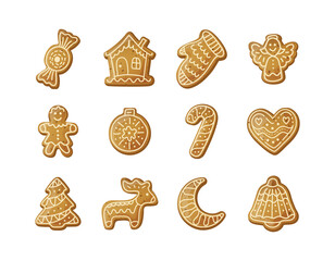 Gingerbread holidays cookies. Christmas or New Year winter food with decorated glazed sugar. Gingerbread cookies in shape of reindeer, house, candy, mitten, bell, gingerbread man, moon, ange vector