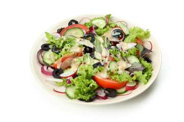 Concept of tasty food with vegetable salad with tahini sauce isolated on white background