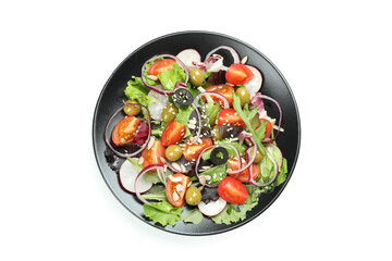 Concept of tasty food with vegetable salad with tahini sauce isolated on white background