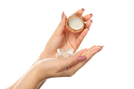 Beautiful female hands with gel isolated on white background